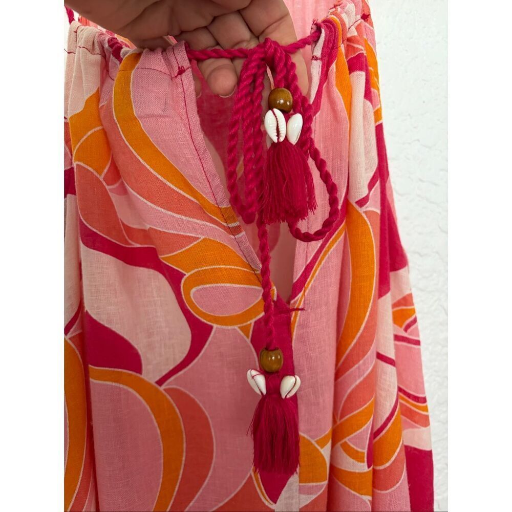 Rachel Zoe Linen Blend Maxi Dress Pink Orange Abstract Print Tassel Shell Size L - Picture 8 of 12